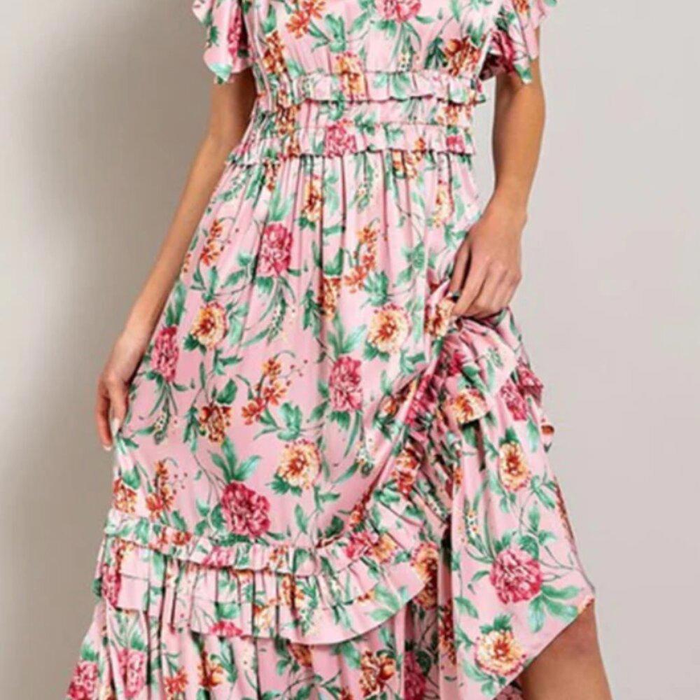 eesome Women's Out to Tea Midi Dress Pink Floral V Neck Size Large - Picture 8 of 9